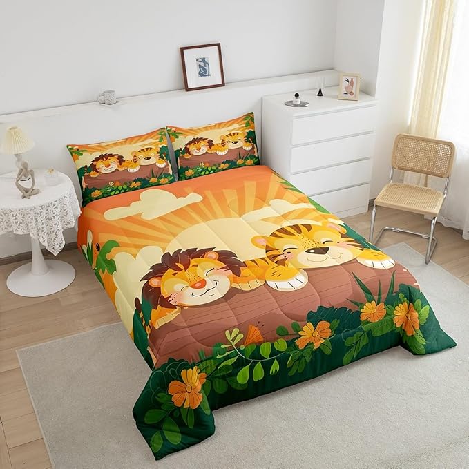 Cute Lion Tiger Bedding Set Full Size Tropical Jungle Wildlife Comforter Set for Girls Boys Room Decor Cartoon Hand Drawn Style Down Comforter Flower Leaves Quilt Set with 2 Pillowcases