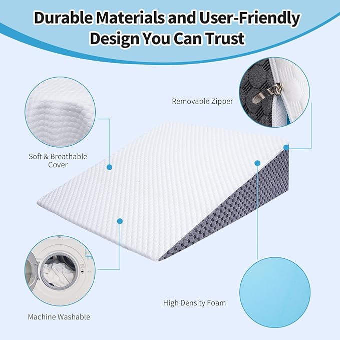 Wedge Pillow 7.5in Bed Wedge Pillow for Sleeping, Snoring, Back Support, After Surgery, Triangle Pillow, with Washable Cover, Gray