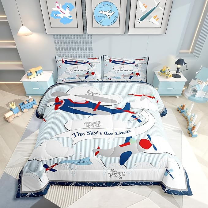 Erosebridal Helicopter Comforter Baby Nursery Toddler Bedding Set for Boys Airplane Queen Bed Comforter Set, Cartoon Aircraft Blue Plane Sketch Lines Duvet Set with 2 Pillowcases