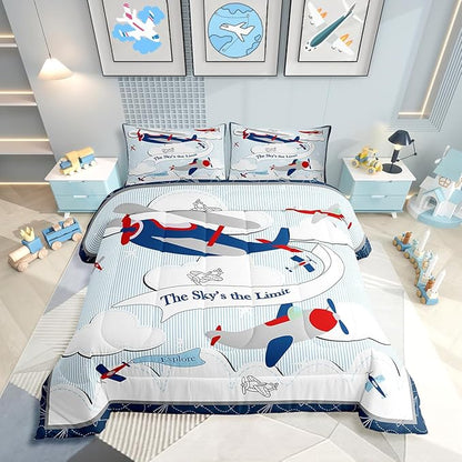 Erosebridal Helicopter Comforter Baby Nursery Toddler Bedding Set for Boys Airplane Queen Bed Comforter Set, Cartoon Aircraft Blue Plane Sketch Lines Duvet Set with 2 Pillowcases