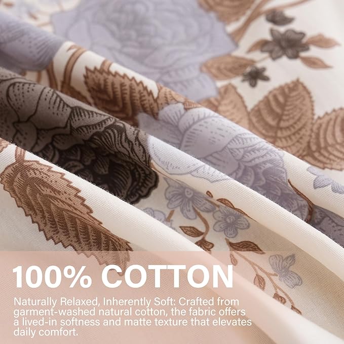 Cream Floral Duvet Cover Queen Size - 100% Cotton Comforter Cover Elegant Flower Botanical Duvet Cover Sets 3-PC, Breathable Duvet Cover with Zipper Closure & Corner Ties