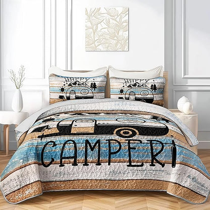 HOSIMA Vintage Camper Quilts Queen Size,Lightweight Bedding Set Camping Travel Trailer Printed Quilt for Camper Decor,Happy Camping Themed Bedding with 2 Pillowcases.