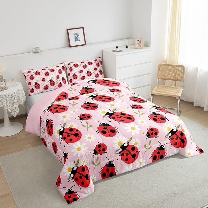 Cute Ladybug Comforter Set Full Size Cartoon Dasiy Flower Bedding Set Kids Boys Girls Wild Animal Theme All Season Quilt Set Green Botanical Leaves Bedding Comforter Sets,3Pcs