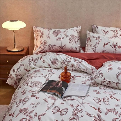 Floral Duvet Cover Queen Size Bow Red Flower Bedding Set 3 Pieces Girls Women Men Botanical Vintage Floral Duvet Cover with 2 Pillowcases
