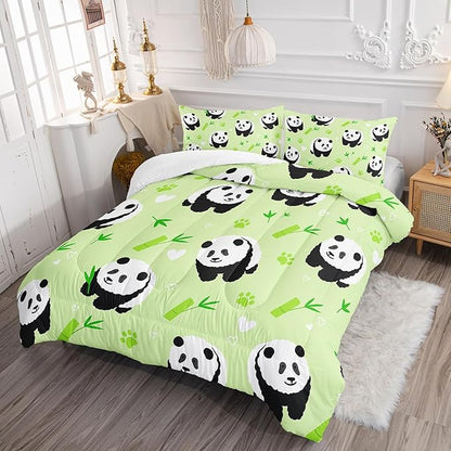 Kawaii Cartoon Black White Panda 3Pcs Bedding Animal Themed Comforter Twin Bamboo Heart Pattern Bedding Set for Kid Teen Girl Boy Bed Decor Green Paw Quilt with 1 Comforter and 2 Pillowcases