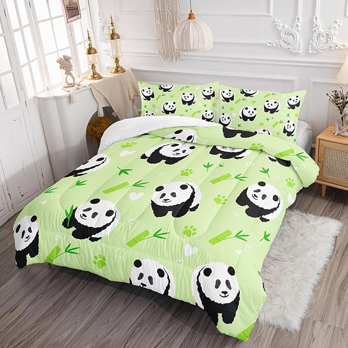 Kawaii Cartoon Black White Panda 3Pcs Bedding Animal Themed Comforter Queen Bamboo Heart Pattern Bedding Set for Kid Teen Girl Boy Bed Decor Green Paw Quilt with 1 Comforter and 2 Pillowcases