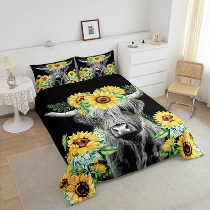 Feelyou Highland Cow Bedding Set Kids Sunflower Floral Western Cow Bull Comforter Set for Girls Teens Farmhouse Wildlife Animal Comforter Black Duvet Set Room Decor Quilt Set Full Size