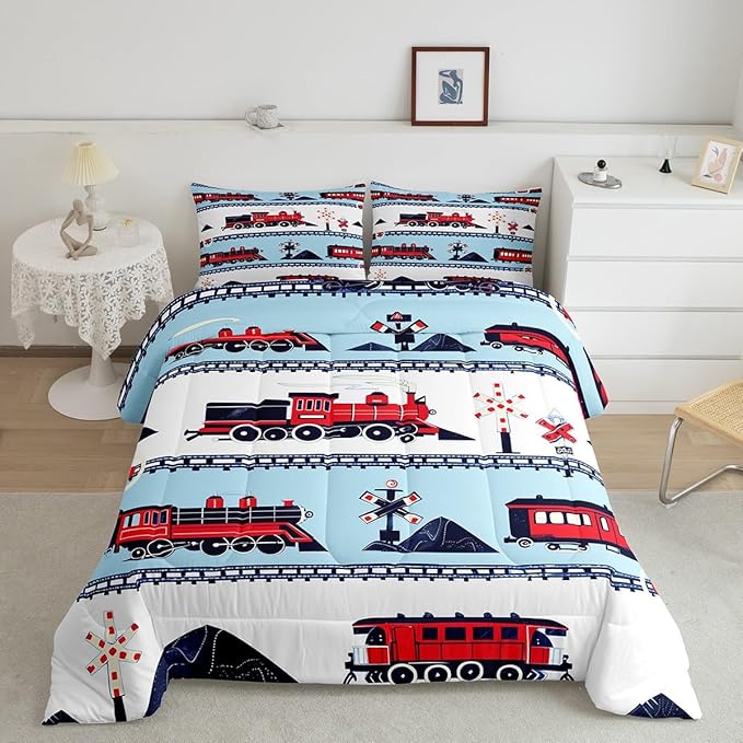 Erosebridal Red White and Blue Train Comforter Set Cartoon Train Railroad Tracks Kids Bedding Traffic Transportation Track Bedding Comforters & Sets Cute Retro Vintage Vehicle Quilt Full 3Pcs