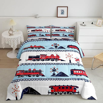 Erosebridal Red White and Blue Train Comforter Set Cartoon Train Railroad Tracks Kids Bedding Traffic Transportation Track Bedding Comforters & Sets Cute Retro Vintage Vehicle Quilt King 3Pcs