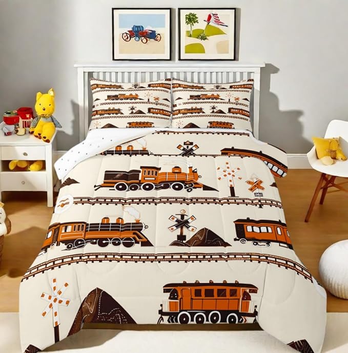 Erosebridal Retro Vintage Train Comforter Set, Cute Steam Engine Bedding Retro Steam Locomotive Train Bedding Set Cartoon Vehicle Duvet Set for Bedroom Decor, Full with 2 Pillowcases