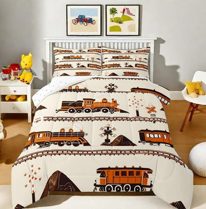 Erosebridal Retro Vintage Train Comforter Set, Cute Steam Engine Bedding Retro Steam Locomotive Train Bedding Set Cartoon Vehicle Duvet Set for Bedroom Decor, Full with 2 Pillowcases