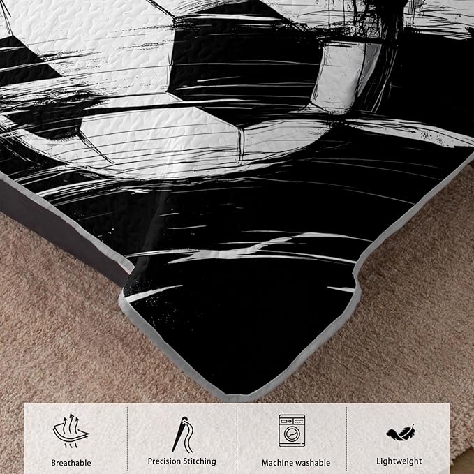 AILONEN Kids Soccer Quilt Set King Size,Graffiti Football Black White Bedspread Coverlet for Boys Girls,Sports Soccer Ball Game Quilt & 2 Pillowcases,3-Piece