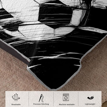AILONEN Kids Soccer Quilt Set Twin Size,Graffiti Football Black White Bedspread Coverlet for Boys Girls,Sports Soccer Ball Game Quilt & 2 Pillowcases,3-Piece