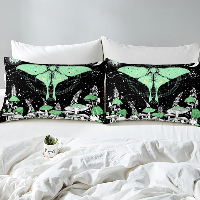 Moth Bedding Set Twin Size,Green Mushroom Duvet Cover for Kids Boys Bed Comforter Cover Set,Stars Moon Constellation Bedding Quilt Cover Set Decorative 2 Pieces