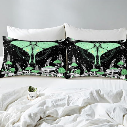 Moth Bedding Set Twin Size,Green Mushroom Duvet Cover for Kids Boys Bed Comforter Cover Set,Stars Moon Constellation Bedding Quilt Cover Set Decorative 2 Pieces