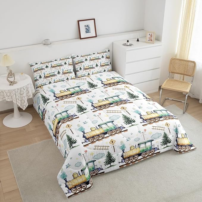 Erosebridal Watercolor Green Train Full Comforter Set Kids Cartoon Railway Bedding for Boys Toddler Gift, Cute Clouds Stars Transportation Theme Duvet Set with 2 Pillow Cases