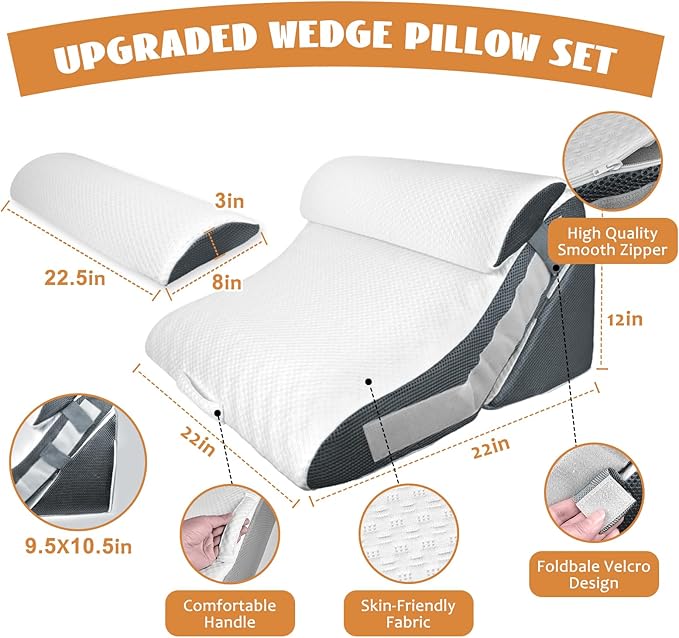4PCS Orthopedic Bed Wedge Pillow Set, Adjustable Curve Memory Foam Wedge Pillow, Pillow Wedges for Post Surgery, Back Pain Relief, Triangle Pillows for Acid Reflux, Snoring, GERD, White/Grey