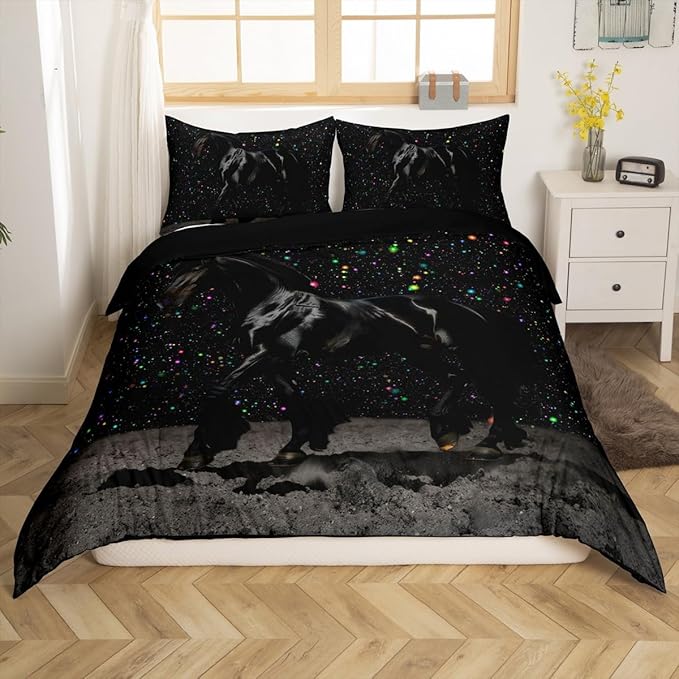 Castle Fairy Black Horse Duvet Cover Set Twin Size,Colorful Shiny Starry Sky Comforter Cover for Kids Boys Bedroom Gift,Animal and Space Themed Bedding Set with 1 Pillowcase Bedspread