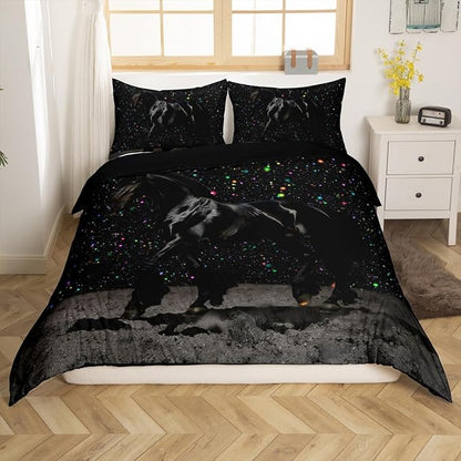 Castle Fairy Black Horse Duvet Cover Set Twin Size,Colorful Shiny Starry Sky Comforter Cover for Kids Boys Bedroom Gift,Animal and Space Themed Bedding Set with 1 Pillowcase Bedspread
