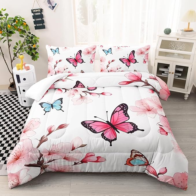 Colorful Butterfly Cherry Blossom Comforter 3Pcs Queen Sakura Flower Romantic Butterfly Bedding Set for Kid Teen Girl Boy Adult Petal Floral Quilt Decor with 1 Comforter and 2 Pillowcases