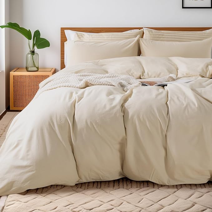 NEXHOME PRO Cotton Duvet Cover Oversized Queen 92"x98" Linen Look Textured Organic Natural 100% Washed Cotton Duvet Cover 3 Pieces Bedding Set Zipper Closure, Breathable (No Comforter)