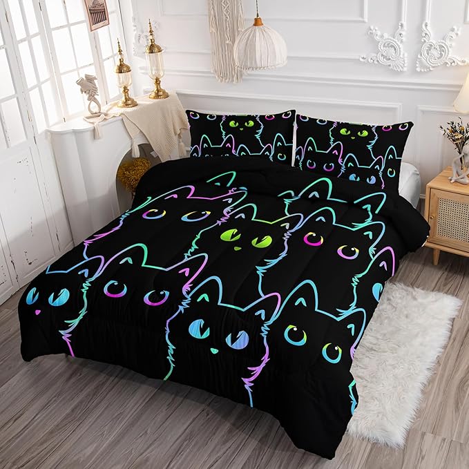 Axolotl Kids Cartoon Cat Bedding Comforter Set,Gradient Line Cute Cat Bedding Set for Teens,Colorful Neon Cats Comforter for Boys Girls Adults,1 Animal Quilt 2 Pillow Cases,King Size Black