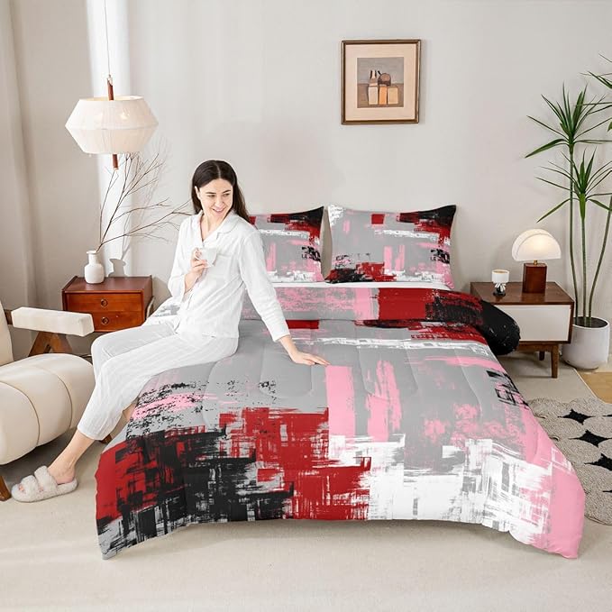 Feelyou Abstract Bedding Set Kids Modern Abstract Art Comforter Set Red Grey Pink Black Comforter for Boys Room Decor Lightweight Retro Duvet Set King Size with 2 Pillow Case