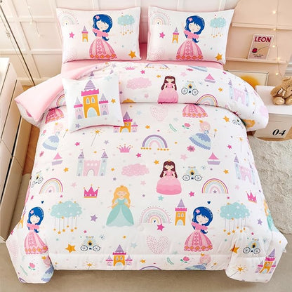 ANGIYUIN Princess Fairy Tales Full Comforter Set for Girls Cartoon Rainbow Love Kids Bed in A Bag with Sheets Cute and Soft Bedding Comforter Set for All Season(Princess, Rainbow, Castel, White)