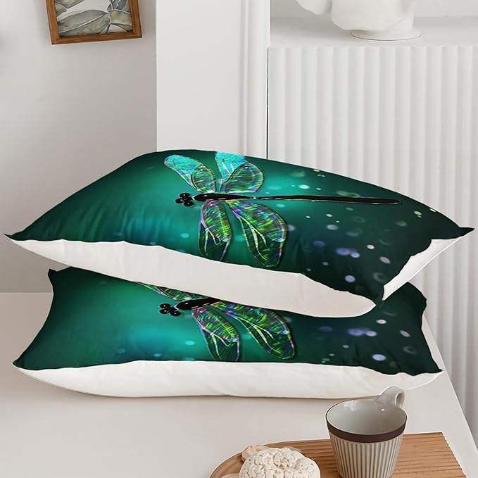 Dragonfly Queen Size Bedding Set for Kids Teens Adult, Colorful Dragonfly Comforter, Black Gradient Quilt Bedroom Decor