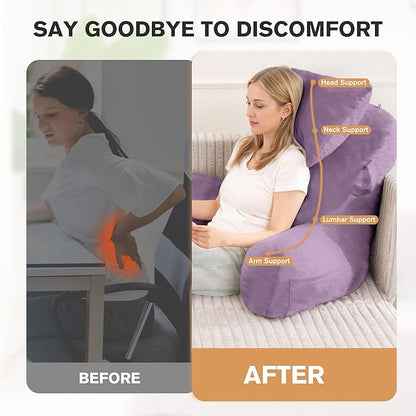 Portable Reading Pillows with Headrest for Bed Sitting Up(Lavender Purple Oeko-Tex), Velvet Back Pillow with Arms & Pockets for Adults, Support Memory Foam Bed Pillow for Dorm/Reading/Gaming