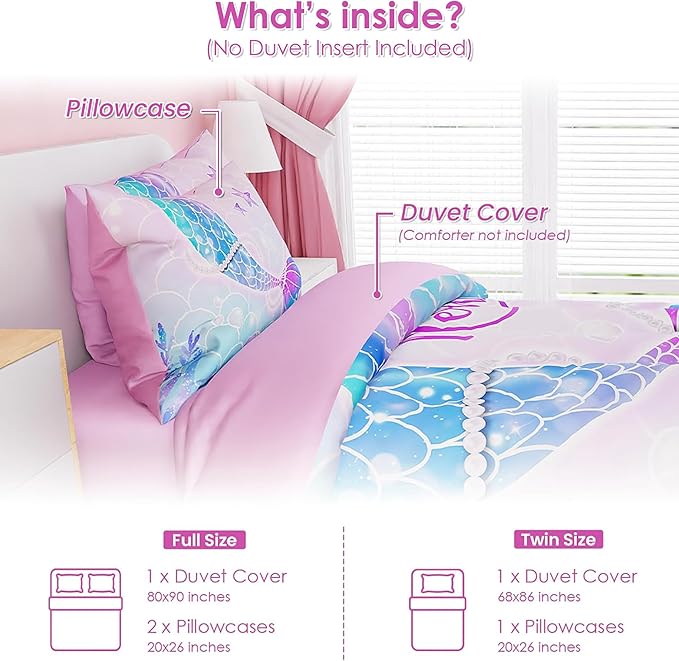 SANDJEST Mermaid Duvet Cover Sets Full Size for Kids Girls, Incude 1 Polyester Comforter Cover 80x90 Inches and 2 Pillowcases 20x26 Inches, Comforter Not Included, Gift for Christmas Birthday