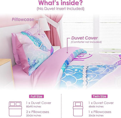 SANDJEST Mermaid Duvet Cover Sets Full Size for Kids Girls, Incude 1 Polyester Comforter Cover 80x90 Inches and 2 Pillowcases 20x26 Inches, Comforter Not Included, Gift for Christmas Birthday