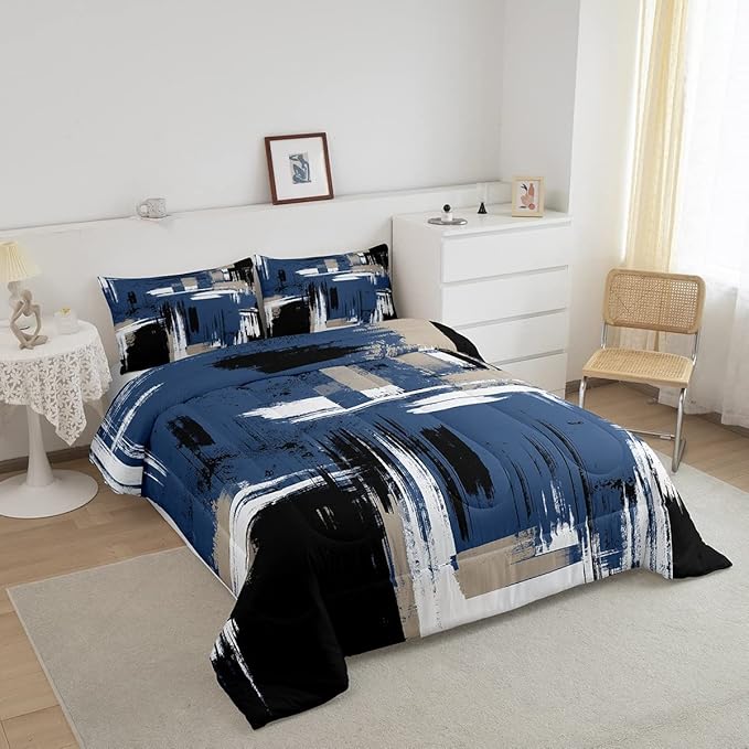 Feelyou Abstract Bedding Set Kids Modern Abstract Art Comforter Set Blue Black White Comforter for Boys Room Decor Lightweight Duvet Set Toddler Size with 1 Pillow Case