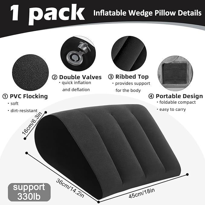 Portable Wedge Pillow Inflatable Cushion - Body Positioners Lightweight Wedge Pillow for Sleeping, Leg Elevation, Use in Bed, Travel, Camping, Fast Inflating Deflation (Black)