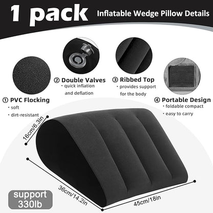 Portable Wedge Pillow Inflatable Cushion - Body Positioners Lightweight Wedge Pillow for Sleeping, Leg Elevation, Use in Bed, Travel, Camping, Fast Inflating Deflation (Black)