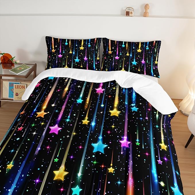 HOSIMA Glitter Star King Size Comforter Set for Kids,Different Colorful Glowing Stars Pattern Galaxy Bedding Set for Teenage Girl Room Decor,Lightweight Fluffy Princess Bedding with 2 Pillowcases.
