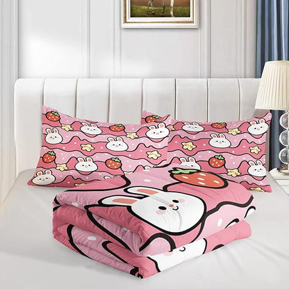 QOOMO Kawaii Rabbit Comforter,Strawberry Rabbit Comforter Set for Kids Teens Girls,3Pcs Bedding Set Printed Comforter with 2 Pillowcases,Down Alternative,Soft and Lightweight(Pink，Full Size)