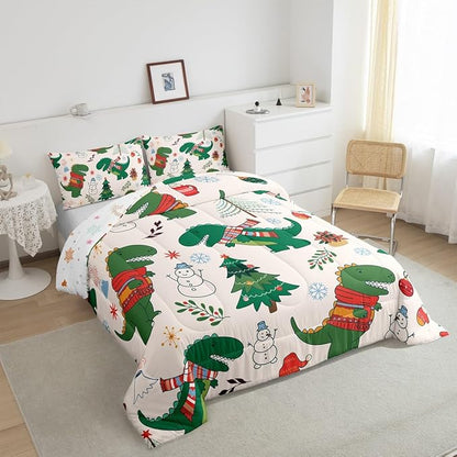 Erosebridal Cartoon Dinosaur Comforter Set for Kids Boys Girls,Xmas Dino Bedding Full,Winter Snowman Tree Flower Comforter Sets,Merry Christmas Duvet Insert with 2 Pillowcases Bedroom Decor