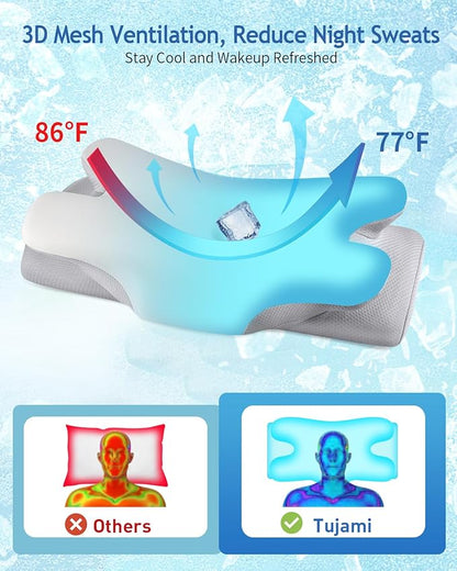 Cervical Neck Pillow for Pain Relief Sleeping, Cooling Ergonomic Contour Side Sleeper Pillow for Neck Support, Odorless Soft Memory Foam Orthopedic Bed Rest Pillow for Back Stomach Sleeper, Grey