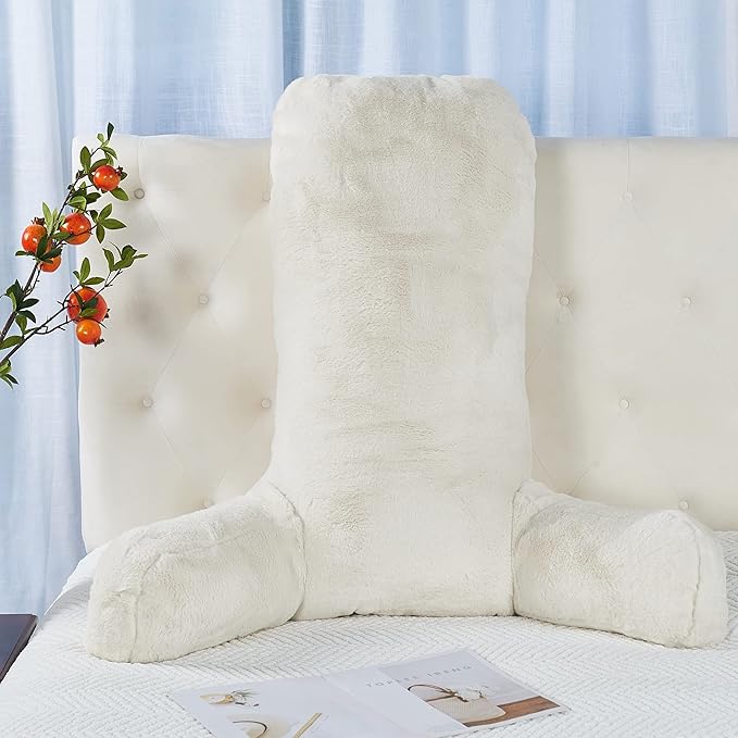 Faux Fur Assembly Need DIY Extra Large Backrest Reading Bed Rest Pillow with Arms and Pockets for Sitting in Bed Couch Sofa, Removable Cover & Filling Seprated, 28" x 30" x17", Cream