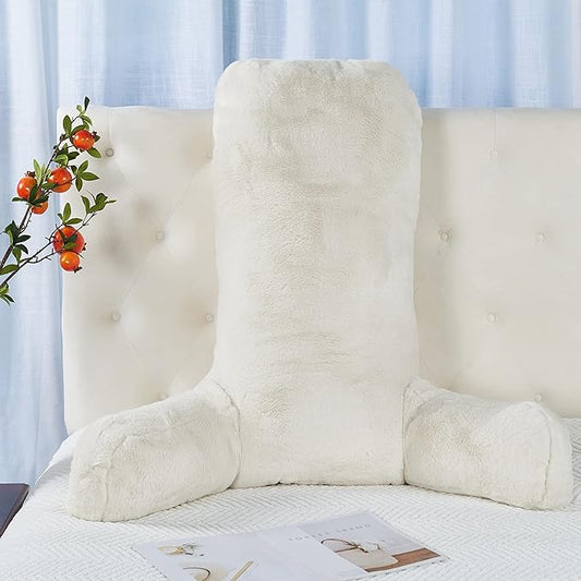 Faux Fur Assembly Need DIY Extra Large Backrest Reading Bed Rest Pillow with Arms and Pockets for Sitting in Bed Couch Sofa, Removable Cover & Filling Seprated, 28" x 30" x17", Cream