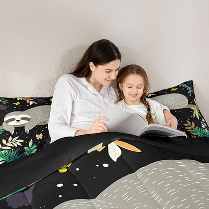 Feelyou Sloth Comforter Cute Sloth Bedding Set for Kids Boys Girls Galaxy Butterfly Comforter Set Botanical Leaves Inner Fill Duvet Set 1 Comforter Set with 2 Pillowcases Full Size