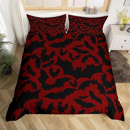 Castle Fairy Happy Halloween Duvet Cover Set King Size,Black Bats Animal Silhouette Print Quilt Cover with 2 Pillowcases,Happy Holiday Gothic Style Red Microfiber Comforter Cover (Not Comforter)