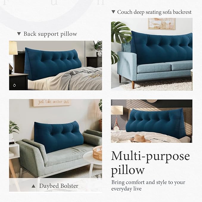 Headboard Pillow 3 in 1 Large Bed Wedge Reading Pillow, Large Couch Daybed Pillows or Positioning Support Backrest Back Cushion for Sitting in Bed Velvet Full Deep Blue