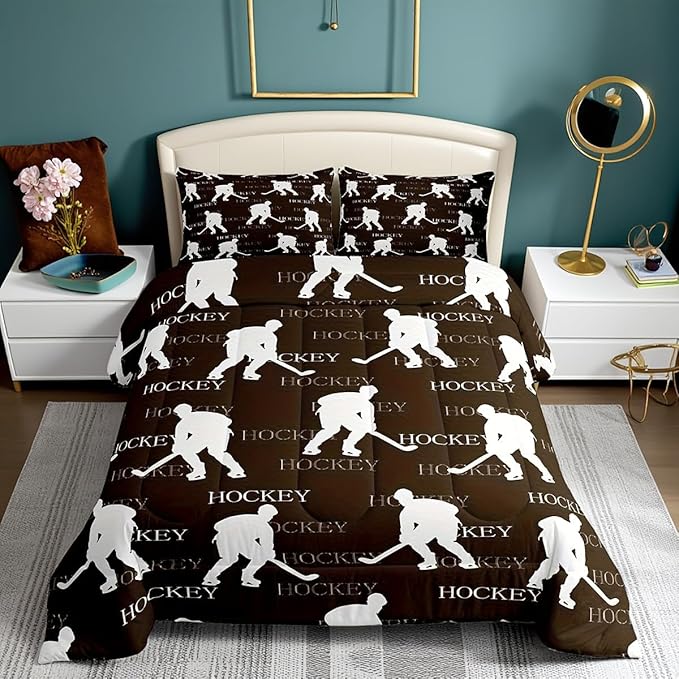 Castle Fairy Ice Hockey Comforter Set,Brown Hockey Player Bedding Set for Kids Girls Women,Adults Winter Sports Comforter,Hockey Sports Event Quilted Duvet Set Bedroom Collection Twin Size 2Pcs