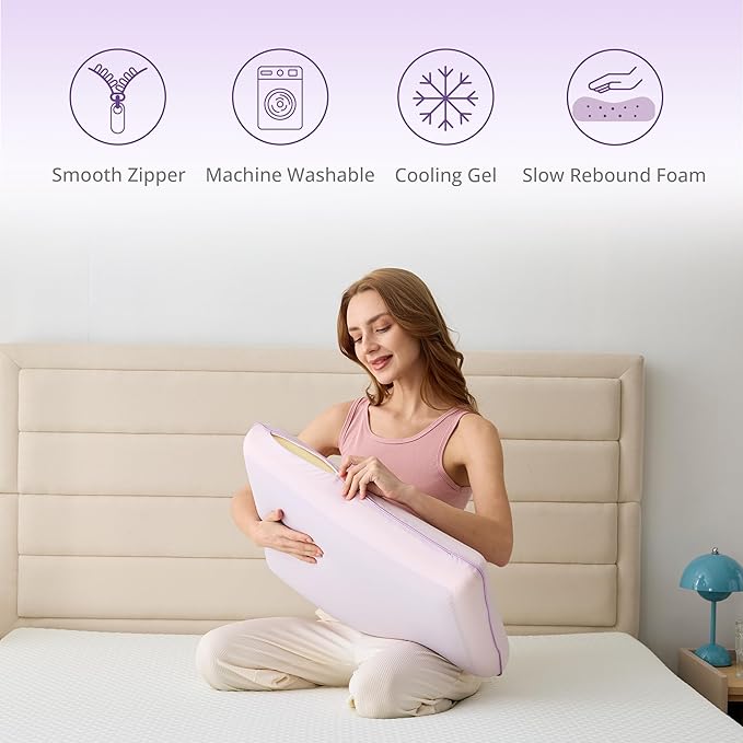 Cooling Pillow for Sleeping, Gel Memory Foam Pillow with Reversible Cover, Neck Support for Side, Back and Stomach Sleepers, Removable & Machine Washable Cover, Bed Pillows for Hot Sleepers, Purple