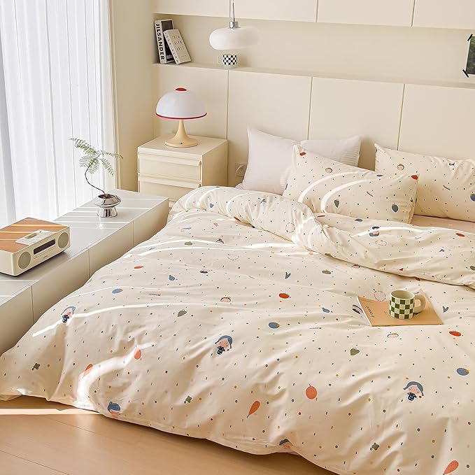 AOJIM Cute Duvet Cover Set for Kids Adults, Pure Cotton Comforter Cover Set with Multiple Cartoon Pattern Designs, Soft Bed Set 3pcs Twin Size, Colorful Quilt Cover for Room Decor(No Comforter)