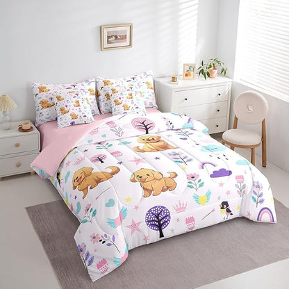 Erosebridal 7 Pieces Bed in a Bag Queen Bedding Set with Sheets,Floral Golden Retriever Comforter Sets for All Season,1 Comforter, 2 Cushion Covers, 1 Flat Sheet, 1 Fitted Sheet, 2 Pillowcases