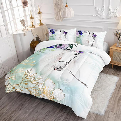 Floral Kid Galloping Horse Comforter Set Full Animal Theme Handsome Horse Bedding Set Decorated with Green and Gold Leaves for Boys Girls Adult, 1 Comforter + 2 Pillowcases