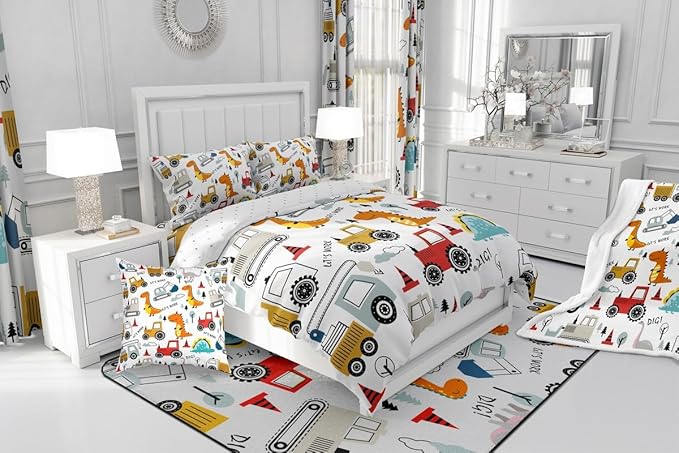 Feelyou Construction Comforter Set Kids Cartoon Dinosaur Comforter Cover Set for Boys Equipment Trucks Bedding Set Construction Vehicles Kawaii Jungle Dino Duvet Set Room Decor Quilt Set Queen Size